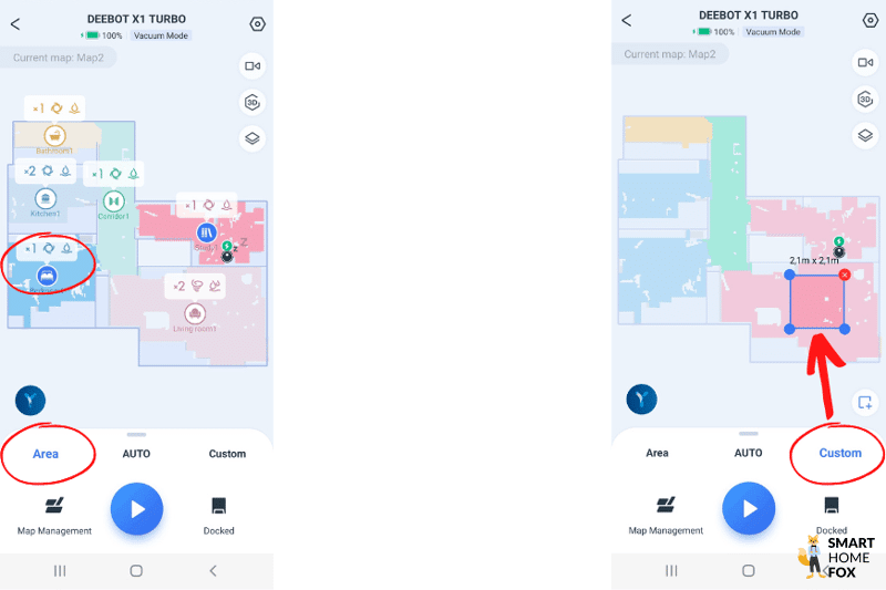 Einzeltraumreinigung bzw. Bereichsreinigung wird in der Ecovacs Deebot X1 Turbo App ausgewählt